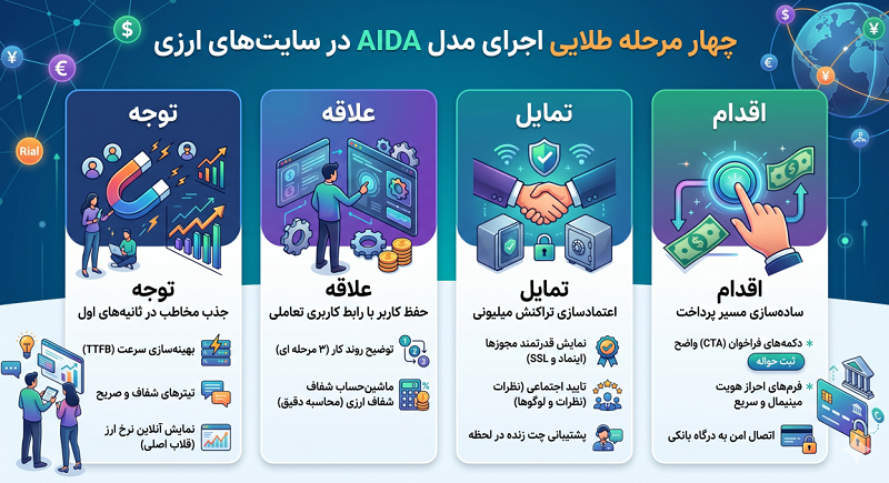 چهار مرحله طلایی اجرای مدل AIDA در سایتهای ارزی