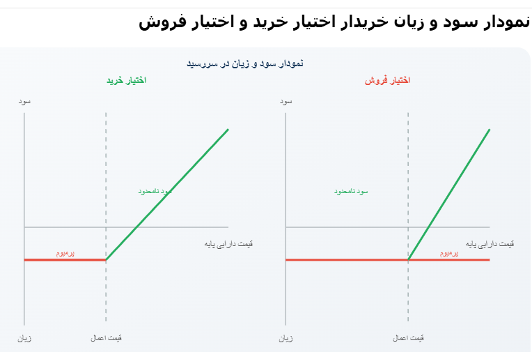 نمودار سود و زیان خریدار اختیار خرید و خریدار اختیار فروش در سررسید، با محورهای قیمت دارایی پایه و سود/زیان، نمایش قیمت اعمال و پرمیوم، و محدود بودن زیان به پرمیوم.
